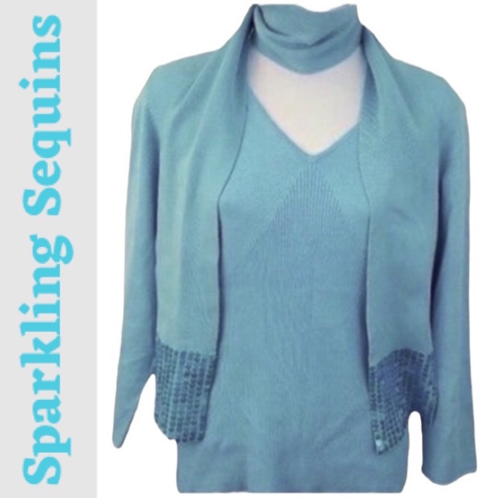 Sequin Sweater Luxury Scarf Wrap Top Ribbed Knit Aqua Blue Womens Size Large